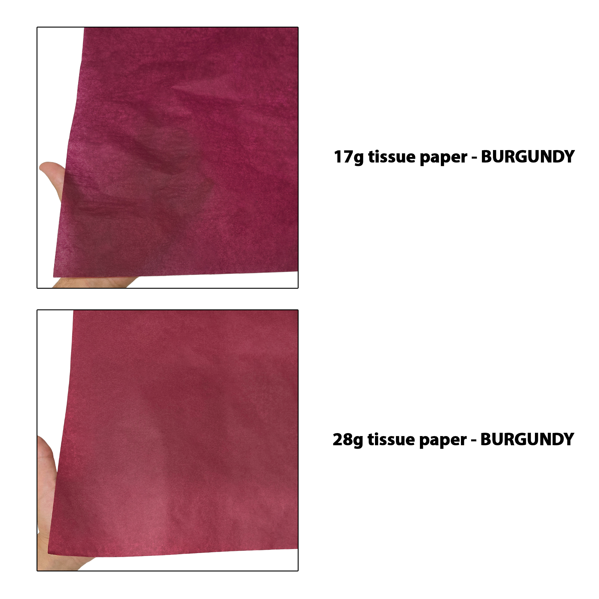 hartie-de-matase-grena-17g-vs-28g-50x75cm-comparatie-transparenta.jpg Hârtie de mătase grena, comparație transparențe 17g/m² vs 28g/m², dimensiune 50x75cm