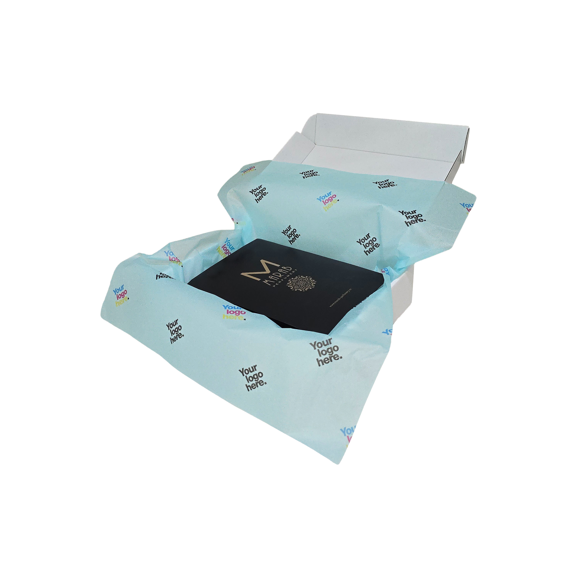 hartie-de-matase-personalizata-bleu-17g-50x75cm-in-cutie-de-transport.jpg Hârtie de mătase personalizată arctic-bleu, aranjată într-o cutie de transport, 17g/m² – dimensiune 50x75cm