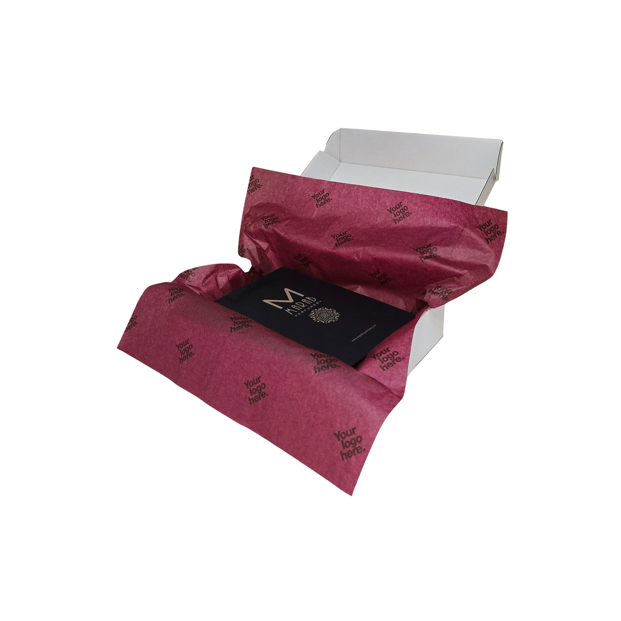 hartie-de-matase-personalizata-grena-17g-50x75cm-in-cutie-de-transport.jpg Hârtie de mătase personalizată grena, aranjată într-o cutie de transport, 17g/m² – dimensiune 50x75cm