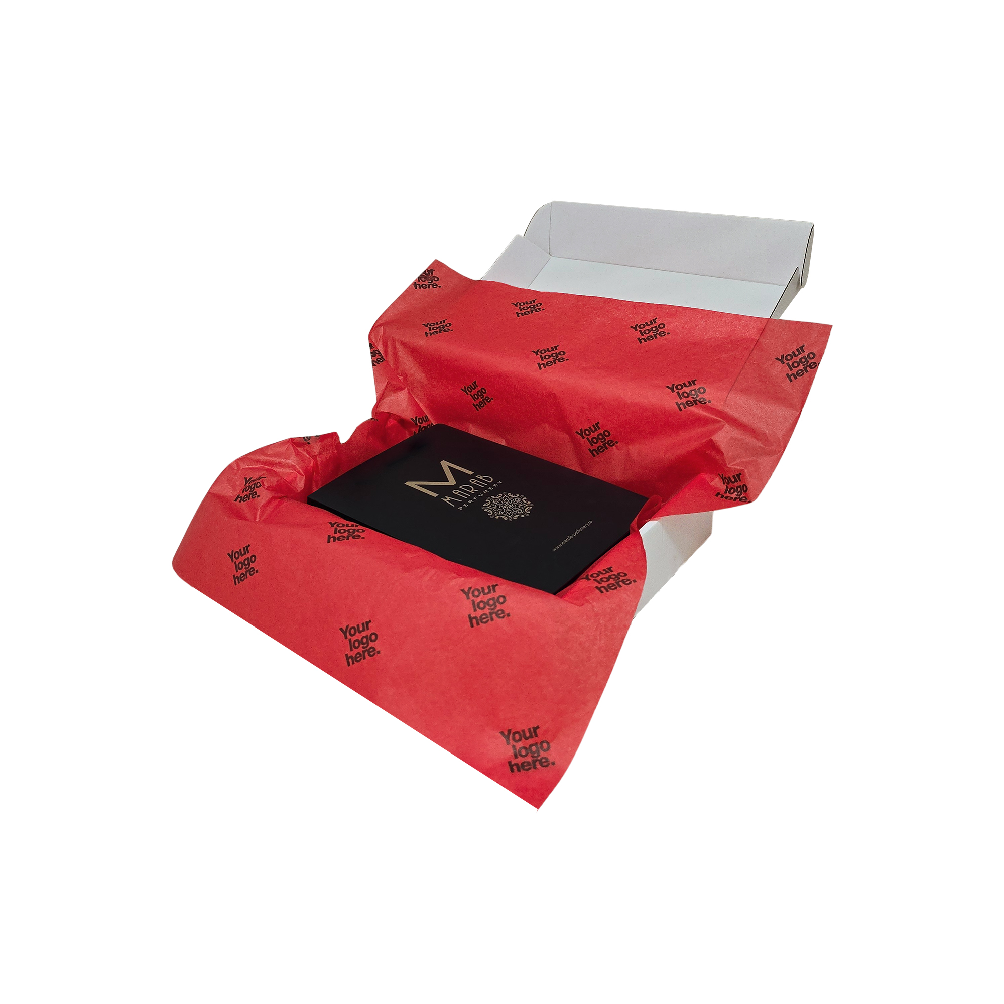 hartie-de-matase-personalizata-rosie-17g-50x75cm-in-cutie-de-transport.jpg Hârtie de mătase personalizată roșie, aranjată într-o cutie de transport, 17gr – dimensiune 50x75cm