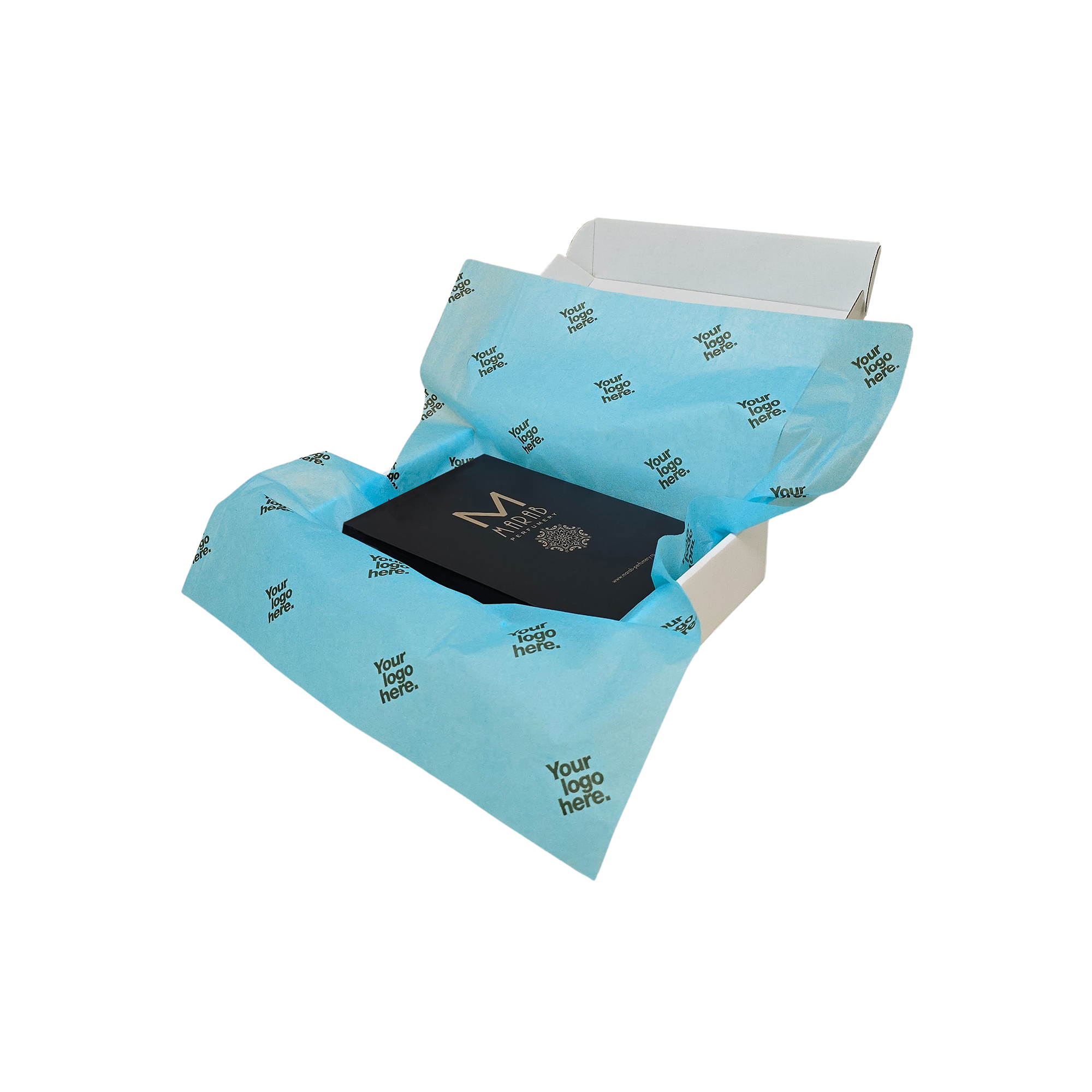 hartie-de-matase-personalizata-turcoaz-17g-50x75cm-in-cutie-de-transport.jpg Hârtie de mătase personalizată turcoaz, aranjată într-o cutie de transport, 17g/m² – dimensiune 50x75cm