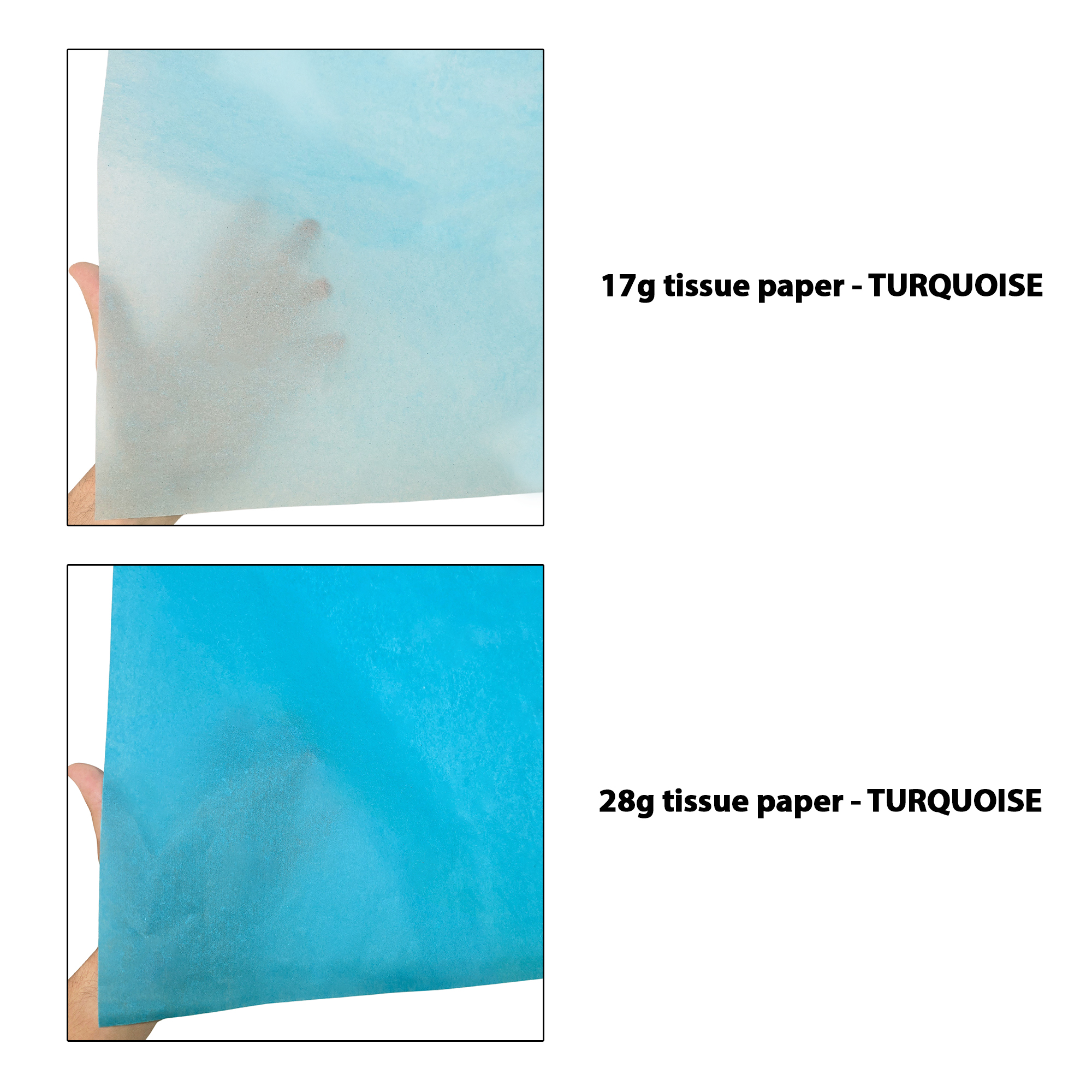 hartie-de-matase-turcoaz-17g-vs-28g-50x75cm-comparatie-transparenta.jpg Hârtie de mătase turcoaz, comparație transparență 17g/m²vs 28g/m², dimensiune 50x75cm