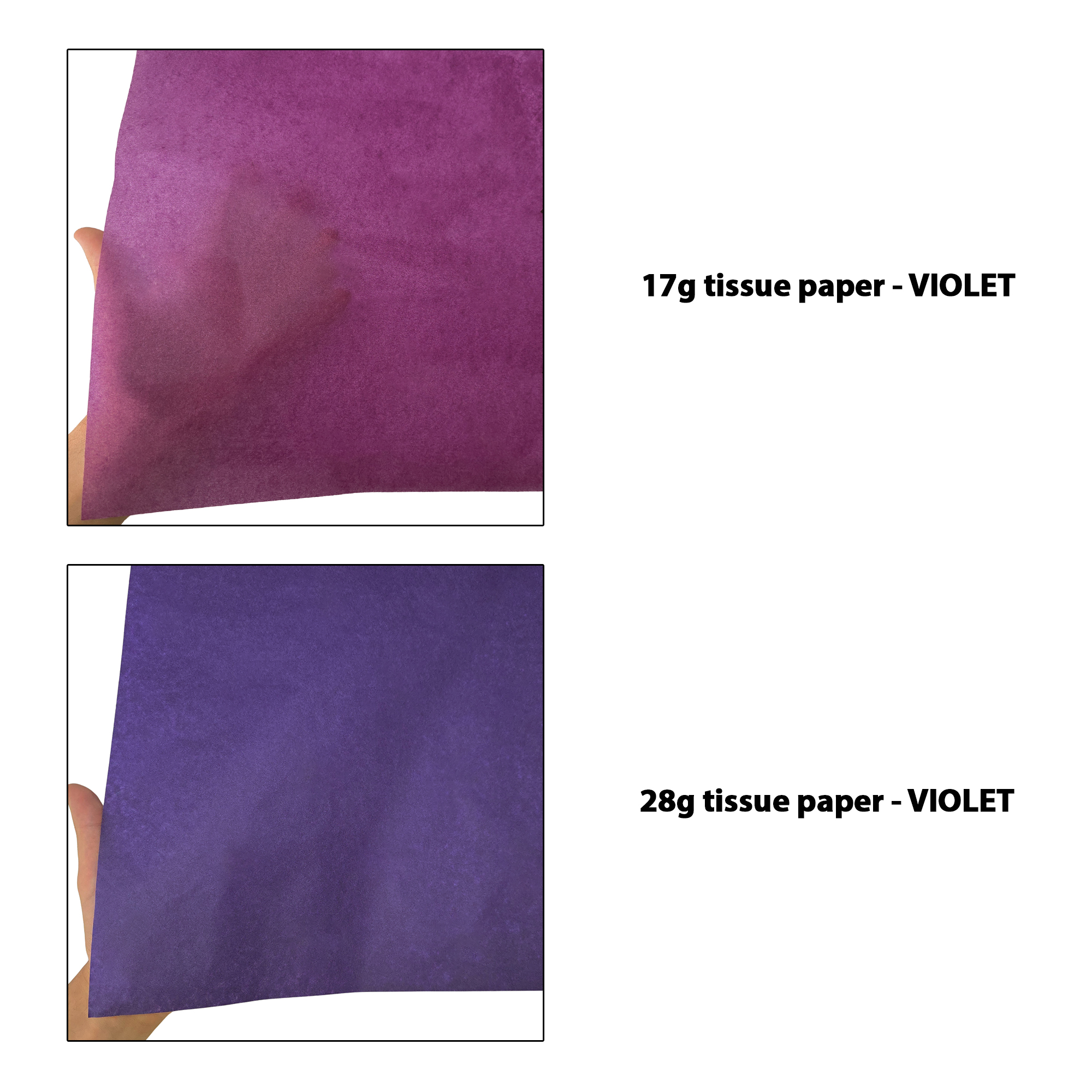 hartie-de-matase-violet-17g-vs-28g-50x75cm-comparatie-transparenta.jpg Hârtie de mătase violet, comparație transparențe 17g/m² vs 28g/m², dimensiune 50x75cm
