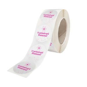 Rola stickere model Floral Pink Bubble 9b – stickere rotunde pentru ambalaje de sarbatori