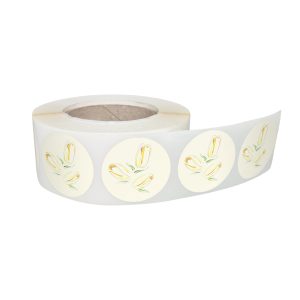 Rola stickere decorative model Floral Yellow Tulip 11a – etichete rotunde pentru pachete și cadouri