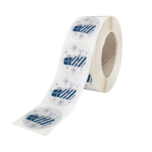 Rola stickere model Craciun Blue Snow Glow – stickere rotunde pentru ambalaje de sarbatori