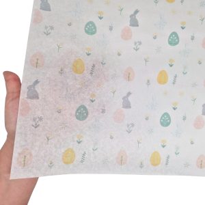 Hârtie de mătase model Paște Grey Bunny & Pastel Eggs 28g – format 50x75cm
