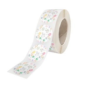 Rola stickere model Paște Little Grey Bunnies 7A – stickere rotunde pentru ambalaje de sarbatori