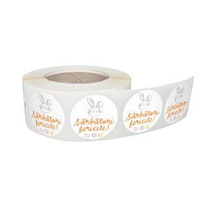 Rola stickere decorative Paște Little Grey Bunniest 7C – etichete rotunde pentru pachete și cadouri