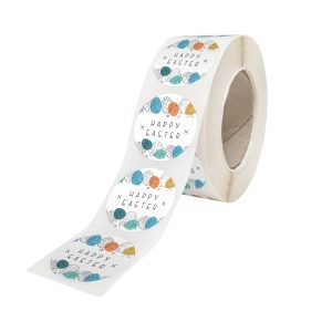 Rola stickere model Paște Color Splash Eggs 8C – stickere rotunde pentru ambalaje de sarbatori