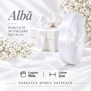 Panglică dublu satinată alba 2 cm x 90 m – rolă pentru ambalaje și decor