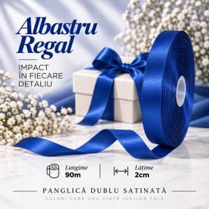 Panglică dublu satinată albastru regal 2 cm x 90 m – rolă pentru ambalaje și decor.