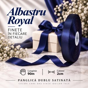 Panglică dublu satinată Albastru Royal 2 cm x 90 m – rolă pentru ambalaje și decor
