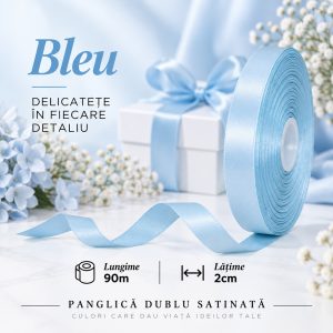 Panglică dublu satinată bleu 2 cm x 90 m – rolă pentru ambalaje și decor