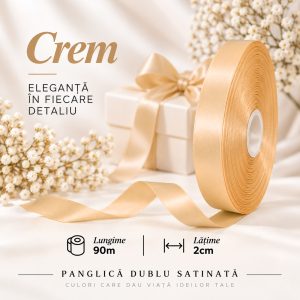 Panglică dublu satinată crem 2 cm x 90 m – rolă pentru ambalaje și decor