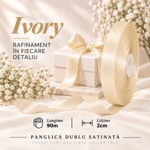 Panglică dublu satinată ivory 2 cm x 90 m – rolă pentru ambalaje și decor
