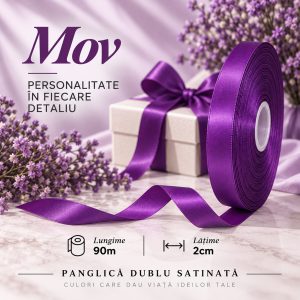 Panglică dublu satinată mov 2 cm x 90 m – rolă pentru ambalaje și decor