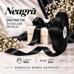 Panglică dublu satinată neagra 2 cm x 50 m – rolă pentru ambalaje și decor