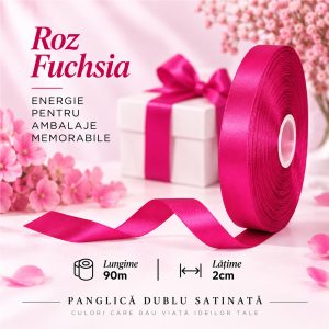 Panglică dublu satinată roz fuchsia 2 cm x 90 m – rolă pentru ambalaje și decor