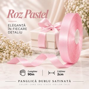 Panglică dublu satinată roz pastel 2 cm x 90 m – rolă pentru ambalaje și decor