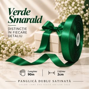 Panglică dublu satinată verde smarald 2 cm x 90 m – rolă pentru ambalaje și decor