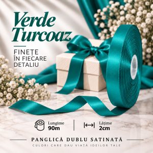 Panglică dublu satinată verde turcoaz 2 cm x 90 m – rolă pentru ambalaje și decor